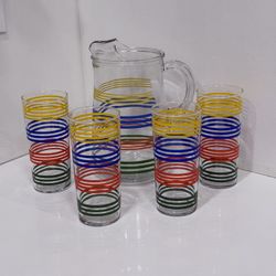 Vintage Anchor Hocking Pitcher and Glasses, Fiesta Bands, Primary Colors Striped Ice Tea Pitcher and 4 Glasses