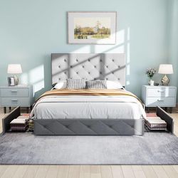 Upholstered Queen Size Platform Bed Frame with 4 Storage Drawers, Adjustable Headboard with Diamond Stitched Button Tufted Design, Wooden Slat Support