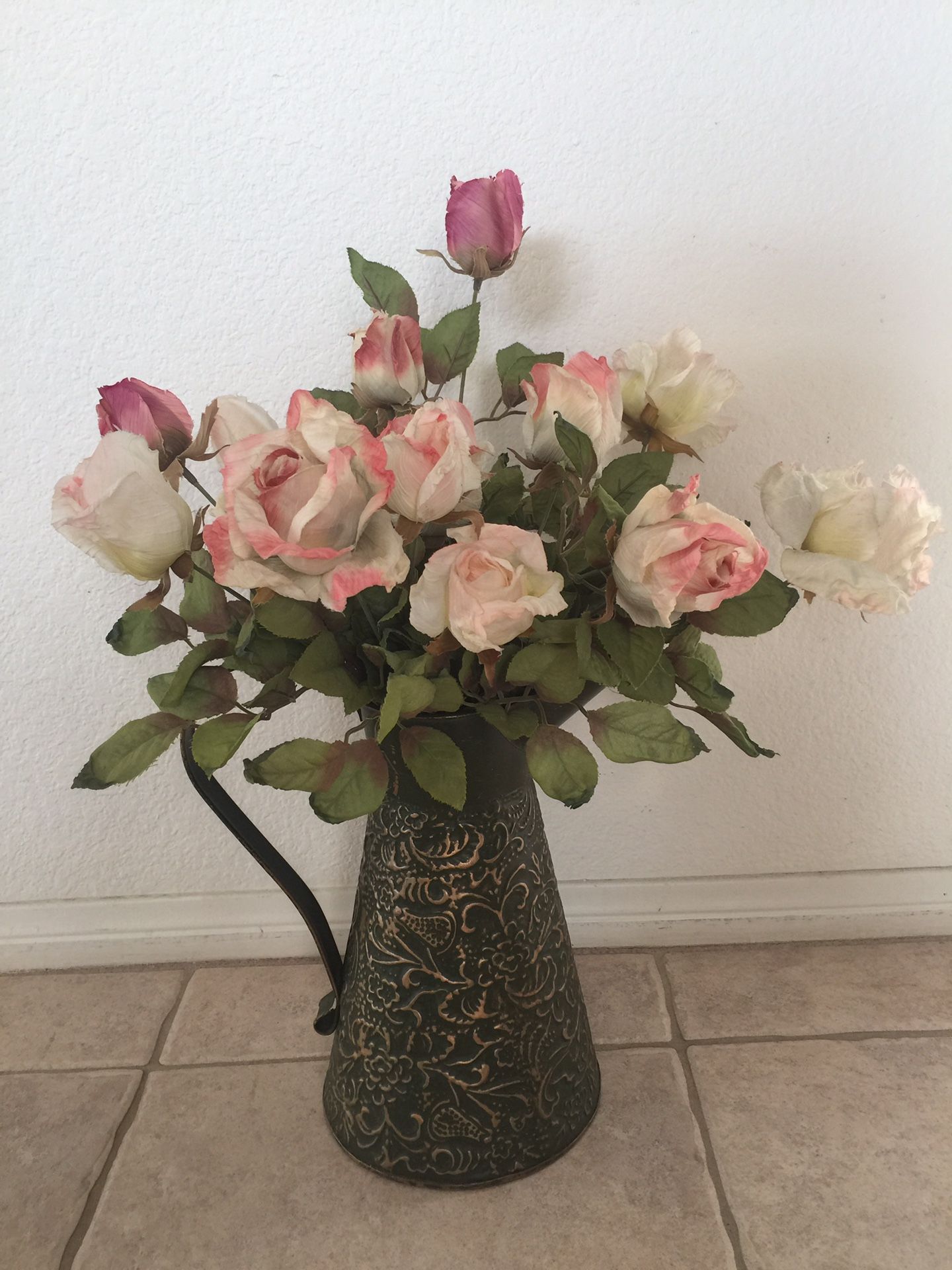 Vintage Tin Vase & Silk Roses.