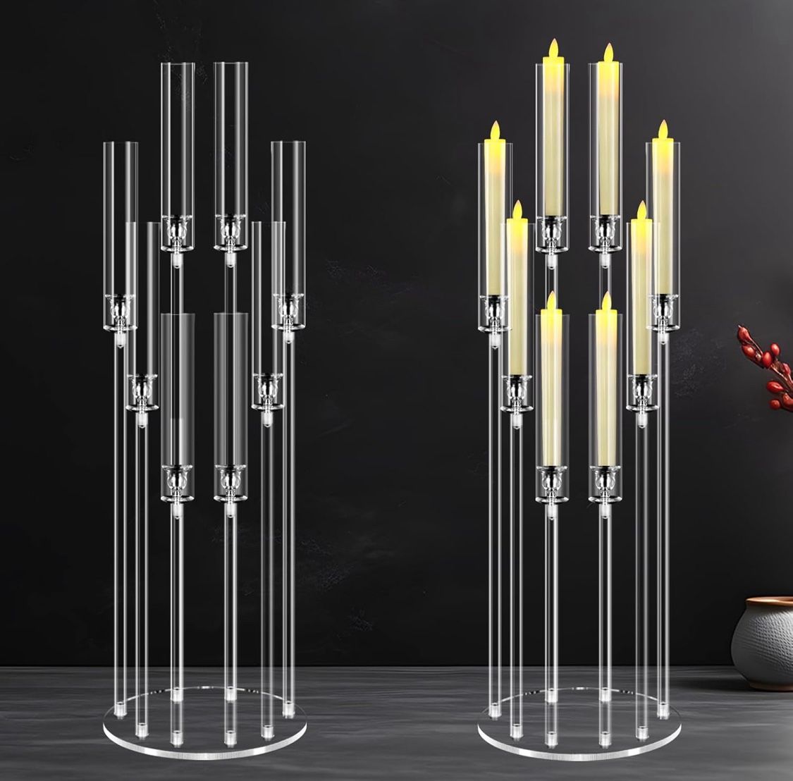 Set Of 2 8 Arms Acrylic Candelabra Centerpieces for Tables Decortion,Clear Candle Holder for Wedding Dinner Fireplace Decoration