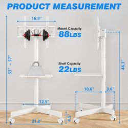 Mobile TV Cart for 23-60 Inch LCD LED Flat Panel Curved Screen TVs up to 88 lbs, Height Adjustable Shelf Rolling Floor Stand with Wheels (White)