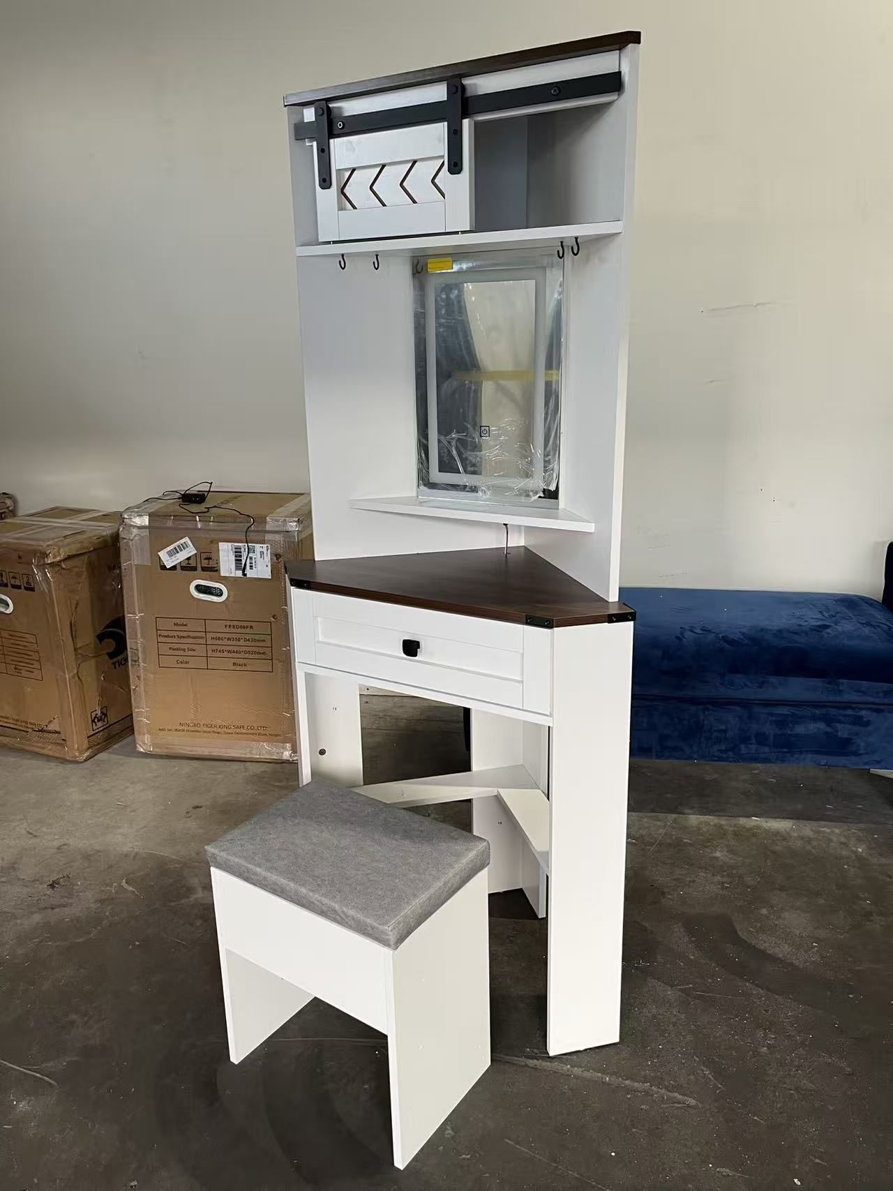 Small Vanity Desk Set with Lights and Mirror Makeup Vanities with Drawers for Corner Space White Farmhouse Make up Dressing Table with Storage Stool