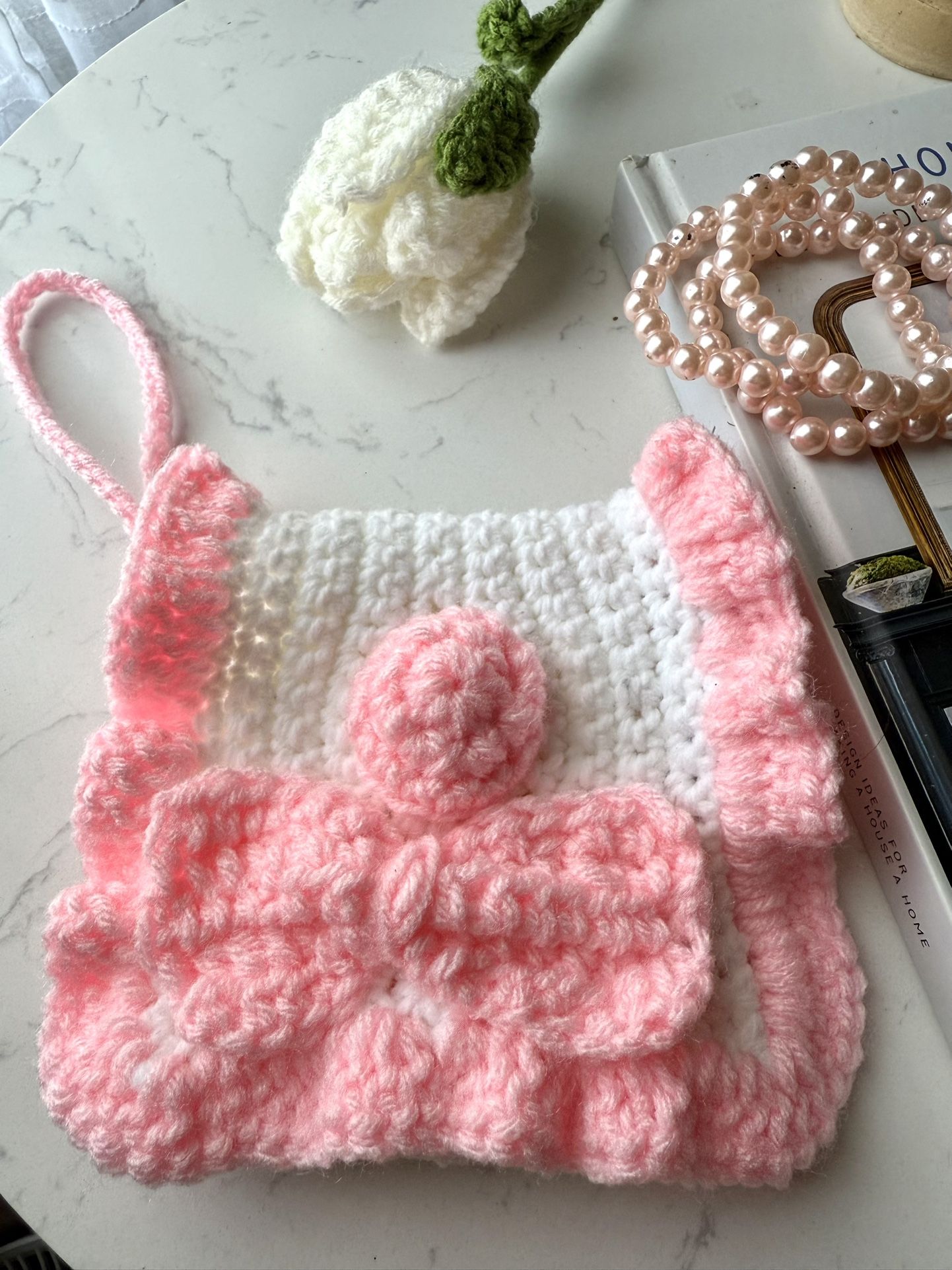 ✨ Handmade Crochet Mini Handbag – White & Pink with Bow ✨