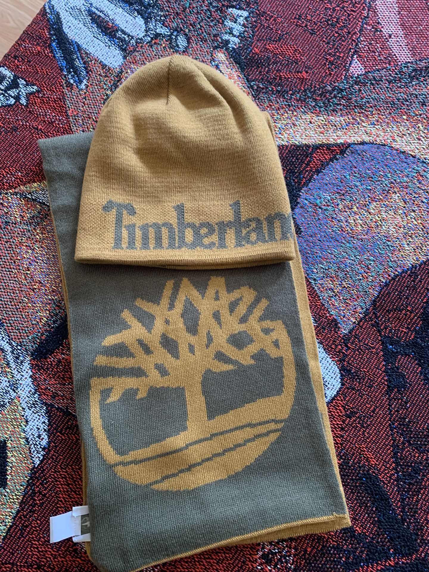 Green And Khaki Timberland Scarf And Beanie Set