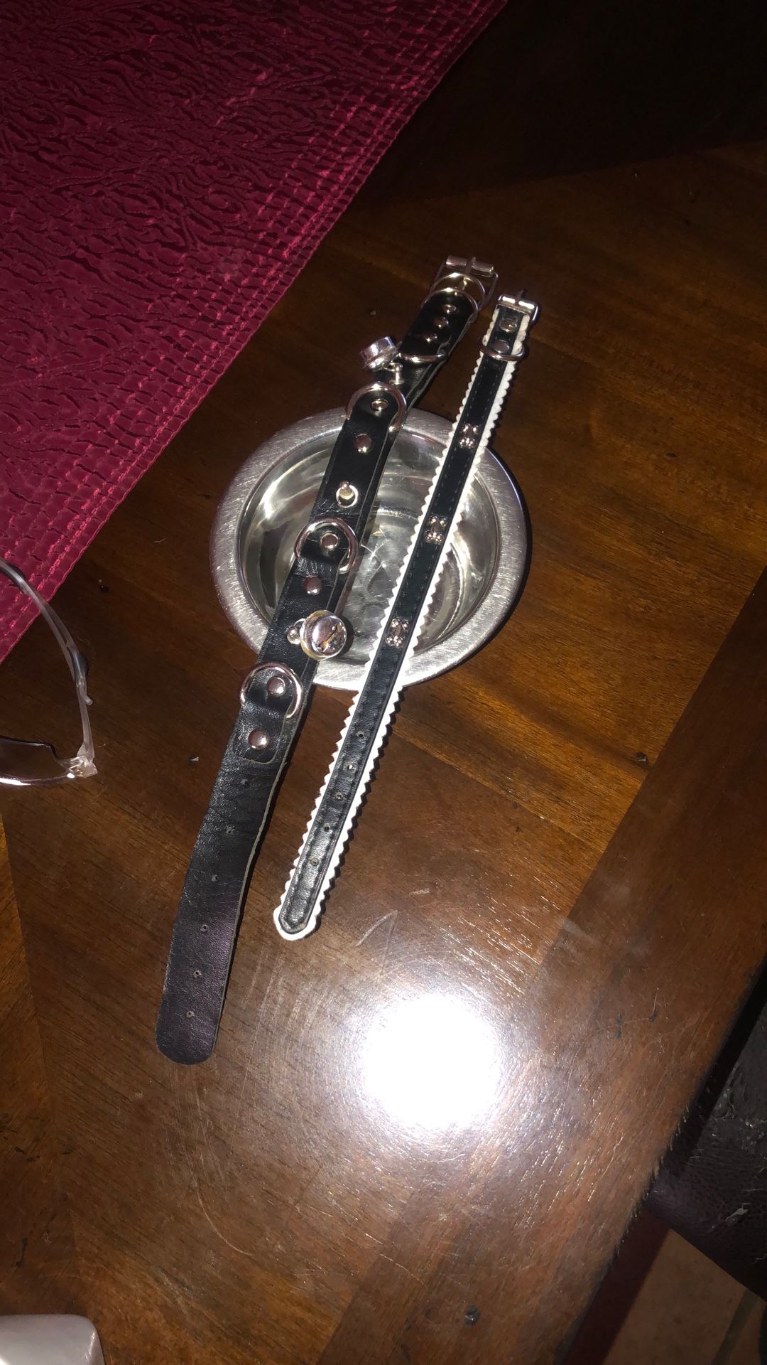 2 Dog Collars And Tiny Silver water Bowl