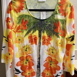 New Women’s Top Island Theme Palm Tree, Floral Sunny Orange Yellow Flowers And Tiny Sequin Highlights, Purchased On A Cruise, Perfect For An Island or