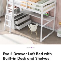 Loft Bed With Two Drawers, Shelves And Built-in Desk