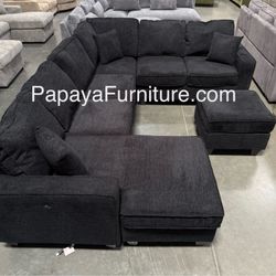New! 113” Black Chenille Sectional, Sectional, Sofa, Couch, Sectional And Ottoman, Sofa, Sectional With USB Ports, Black Sectional, Black Couch, Sofas