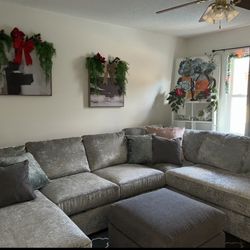 Large 2 Piece Crushed Velvet Gray Sectional W/ Chaise