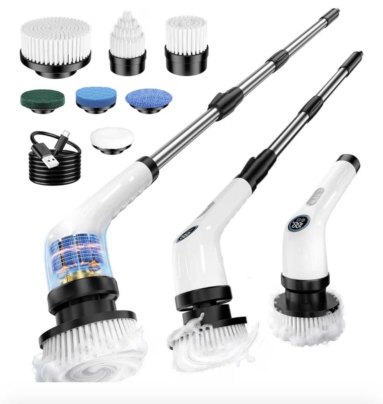 Electric Spin Scrubber Upgraded Battery with Extra-Long Runtime, IPX7 Waterproof Power Cleaner with 7 Brush Heads, 2 Speeds Adjustable Long Handle for