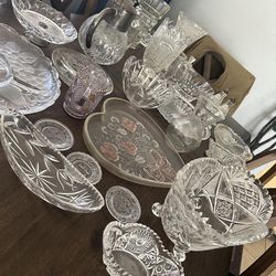 35 Piece Lot Vintage Glass Crystal Dishware Vases Quarts Clock Salt and Pepper Shakers Pitcher