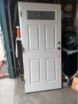 36” x 80” Fiberglass Front Entry Door w/ Decorative Glass & Hardware