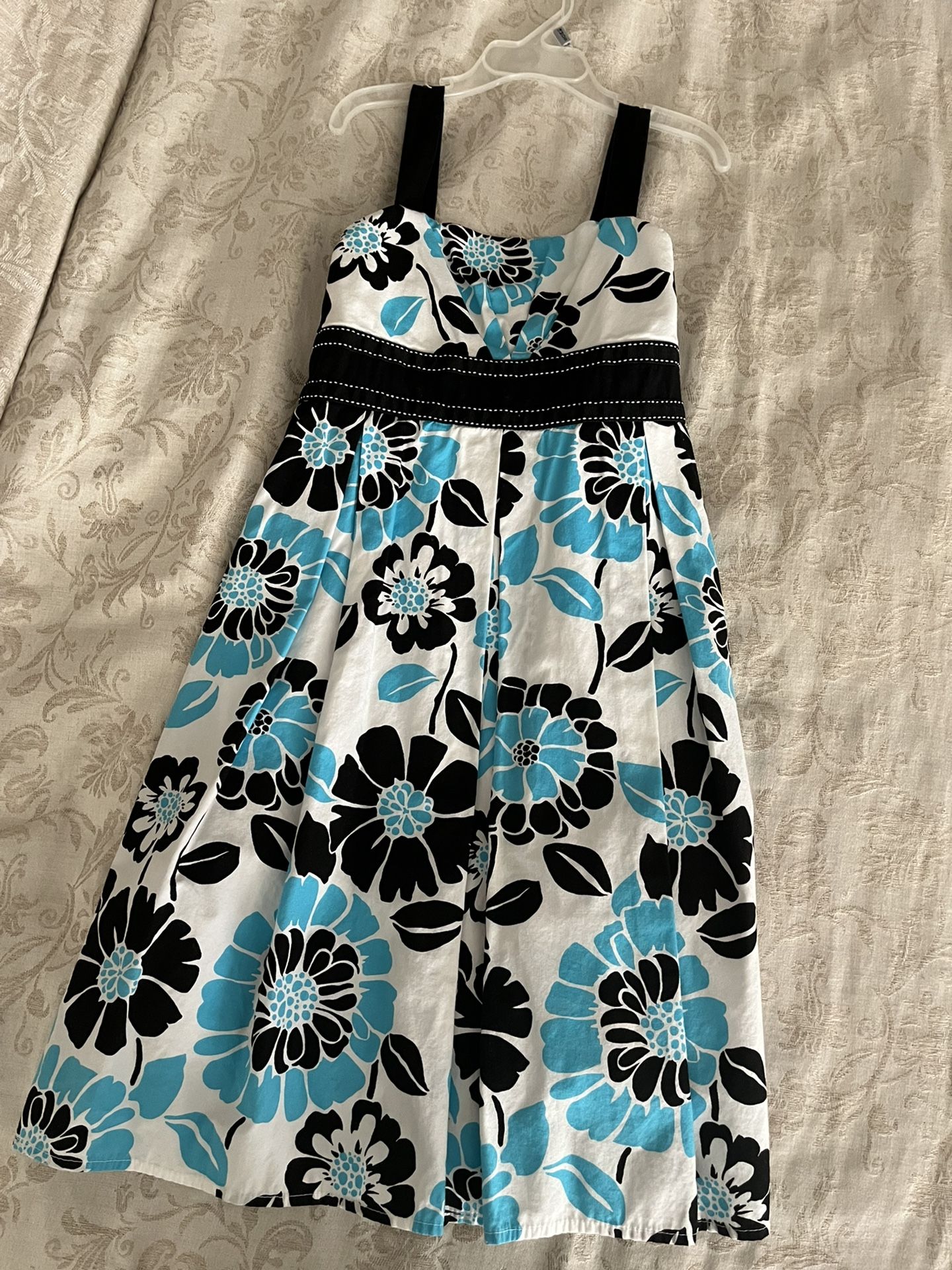 GIRLS SIZE 12 WHITE BLUE BLACK FLORAL FANCY PARTY DRESS SUNDRESS WEDDING — BEAUTIFUL CONDITION!