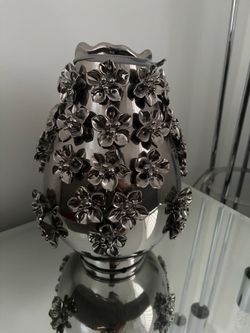 Silver Ceramic Vase with 3D Floral Detail