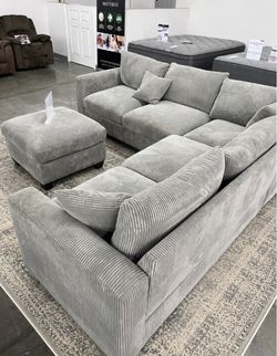 Brand new gray corduroy sectional sofa couch with ottoman
