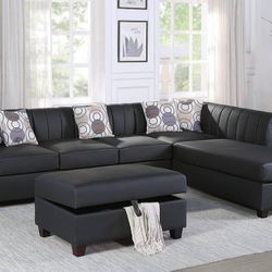 Brand New Black Leather Reversible Sectional Sofa With Storage Ottoman 