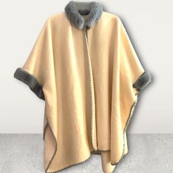 Soft And Cozy Sheep’s Wool Large Poncho/Cape Coat, With Faux Fur. Color Beige & Gray. Handmade Imported