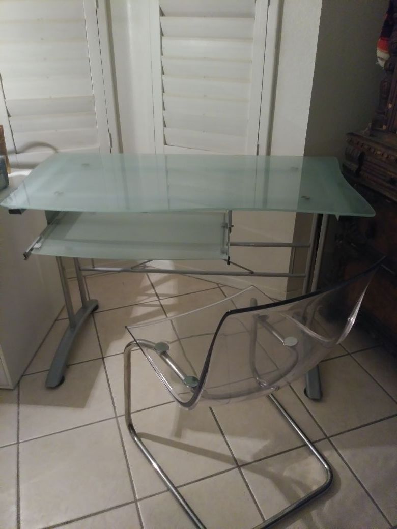 Rectangular Frosted Glass & Metal Computer Desk With Clear Acrylic Chair by Carl O'Jerstam for Ikea