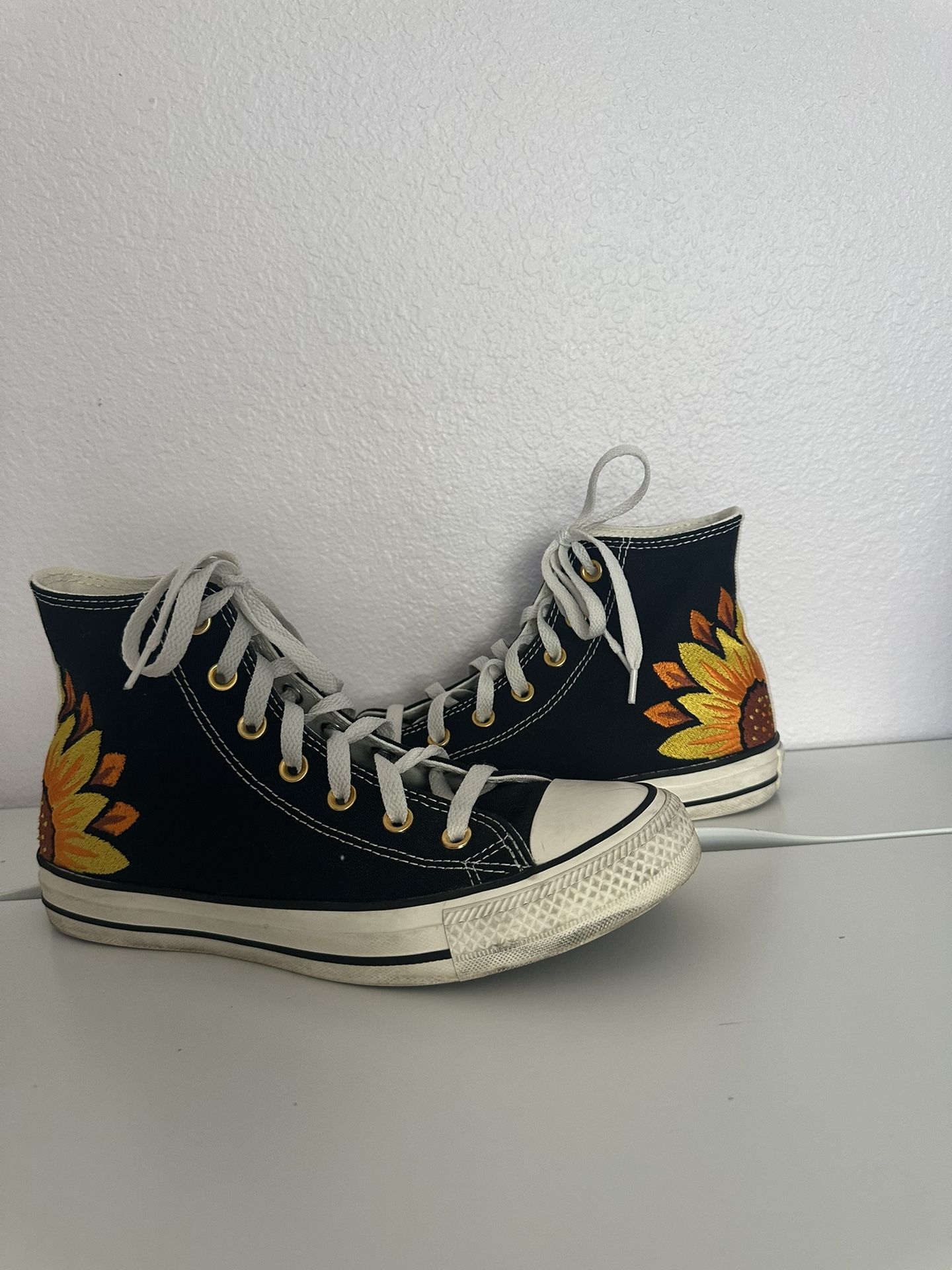 Black High Top Converse with Embroidered Sunflower
