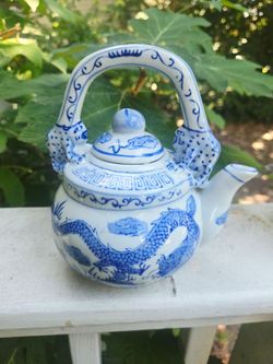Chinese Blue & White Teapot with Dragon and Frog Design Signed