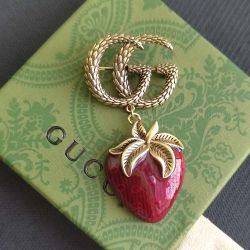 Gucci Brooch Pin Gold Tone Double GG Logo Pendant Red Strawberry 