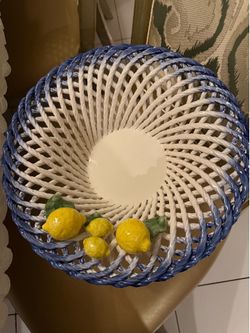 Lanzarin Italian Woven Lattice Ceramic Pedestal Lemon Basket Hand Made in Italy
