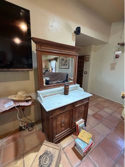 Antique Marble Top Wooden Washstand with Mirror
