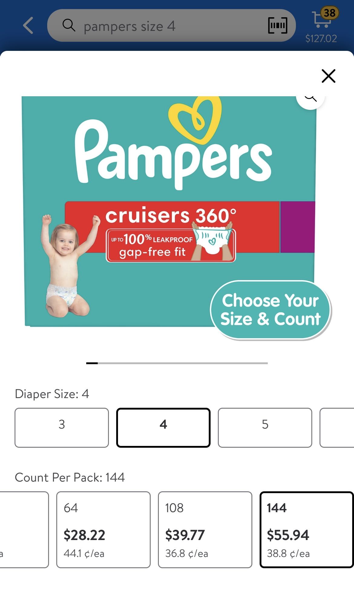 Size 4 Pampers Cruisers 360 Diapers, 144Count