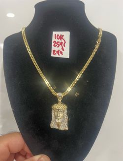 For Wedding 10K Yellow Gold Franco Chain and Pendant CUBIC ZIRCONIUM STONES 25Gr 24 Inches Long