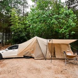 ACtent for Tesla Model 3&Y, Pop-Up SUV Tent w. Awning for Car Camping, Connects to Tesla Tailgate for Air-Conditioning, Sleeps 6 Adults, 10'x8.2' - De