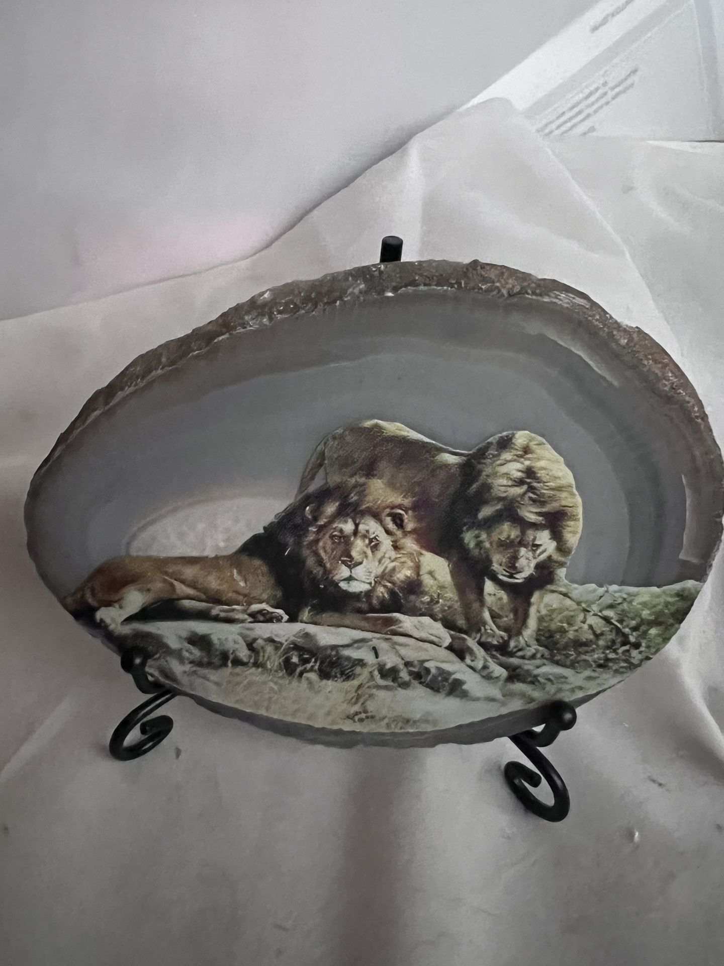New Lions Photo On Real Agate Stone Slice. 