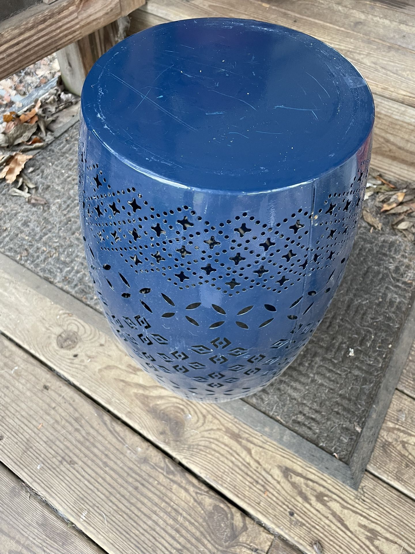 Navy Blue Perforated Metal Accent Stool / Table / Planter Stand