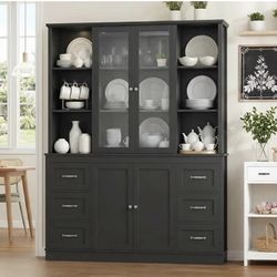 74.4''Hx63''W Large Pantry Cabinet for Food Storage, Kitchen Hutch Cabinet with Storage, Glass Doors Tall Wine Bar Cabinet, Large Bookcase with Drawer