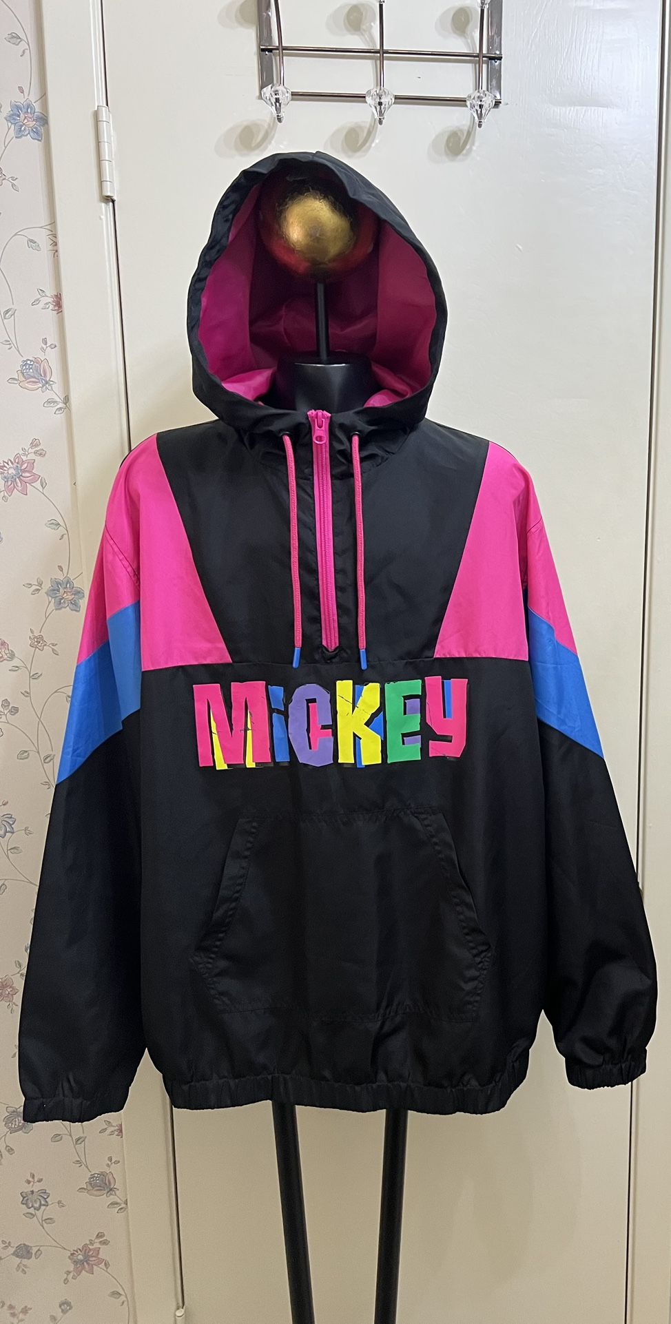 Vintage Neon Mickey Mouse 1/4 Zip Hooded Windbreaker Size Small