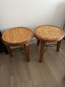 Pair of Woven Rattan Round Side Tables