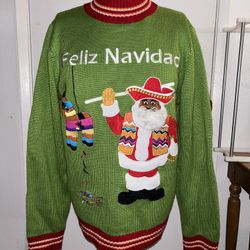 Festified FELIZ NAVIDAD Men’s Ugly Holiday Christmas Sweater Novelty Green Sz L