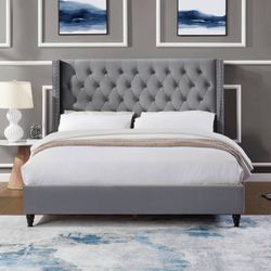 Queen Size 51” Elegant Upholstered Platform Bed with Wingback Design and Tufted Headboard