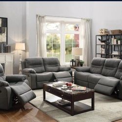 Brand New Grey Leather 3pc Reclining Sofa Set