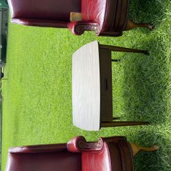Wing Back "Hickory" Leather Chairs & Lane Side Table