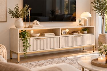Modern TV Stand with Fluted Doors and Gold Legs