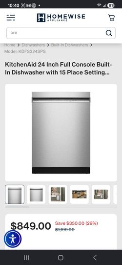 Brand new KDFS324SPS
KitchenAid 24 Inch Full Console Built-In Dishwasher with 15 Place Setting Capacity, 5 Wash Cycles, Third Level Jet Rack, 41 dBA N