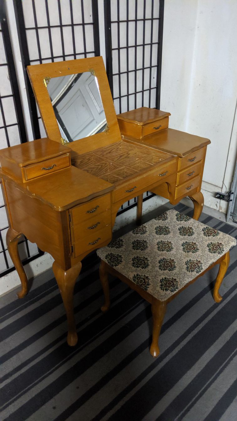 vintage solid wood vanity desk stool and jewelry box
