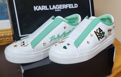 Karl Lagerfeld Citie White Leather Slip On Sneakers Green Trim Logo Pins 9.5