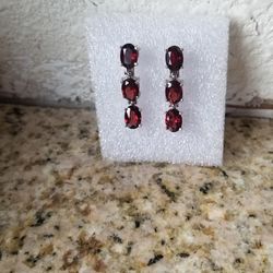 (Dark Red) Lab Created Stone Sterling Silver 3 Tier Drop Earrings