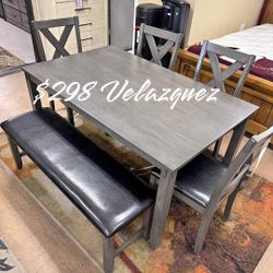 ✅️✅️6 pc laurel  gray finish wood dining table set padded seat chairs and bench✅️✅️✅️