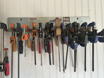 Large Mixed Lot of Bar Clamps with Wall Rack