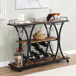 Wood Rolling Bar Cart with Wheels for Home, Antique Brown