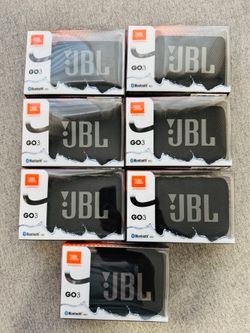New JBL GO3 portable speakers. These black Bluetooth v5.1 speakers are waterproof and dustproof with a built-in loop for easy carrying. Each unit is i