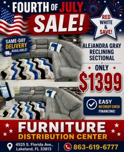 Limited time sale. Alejandra gray reclining sectional only $1399. Easy finance option. Same day, Delivery.