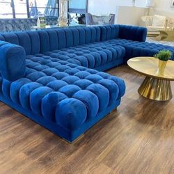 Brand New/ Blue Velvet Double Chaise Sectional, Seccional, Couch 